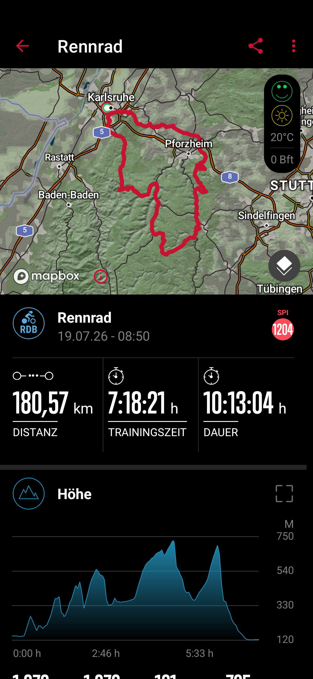 Screenshot von meiner Fahrradcomputer App, zeigt die Runde durch den Nordschwarzwald, Von Karlsruhe nördlich an Pforzheim vorbei, nach Hohenwart/Schellbronn rauf, übers Monbachtal runter. Dann Nagoldtal rauf, bisschen über die Berge und Hochebene, dann durchs Enzal runter, übern Dobel und Albtal-Express zurück nach Karlsruhe. (180km/1970m)